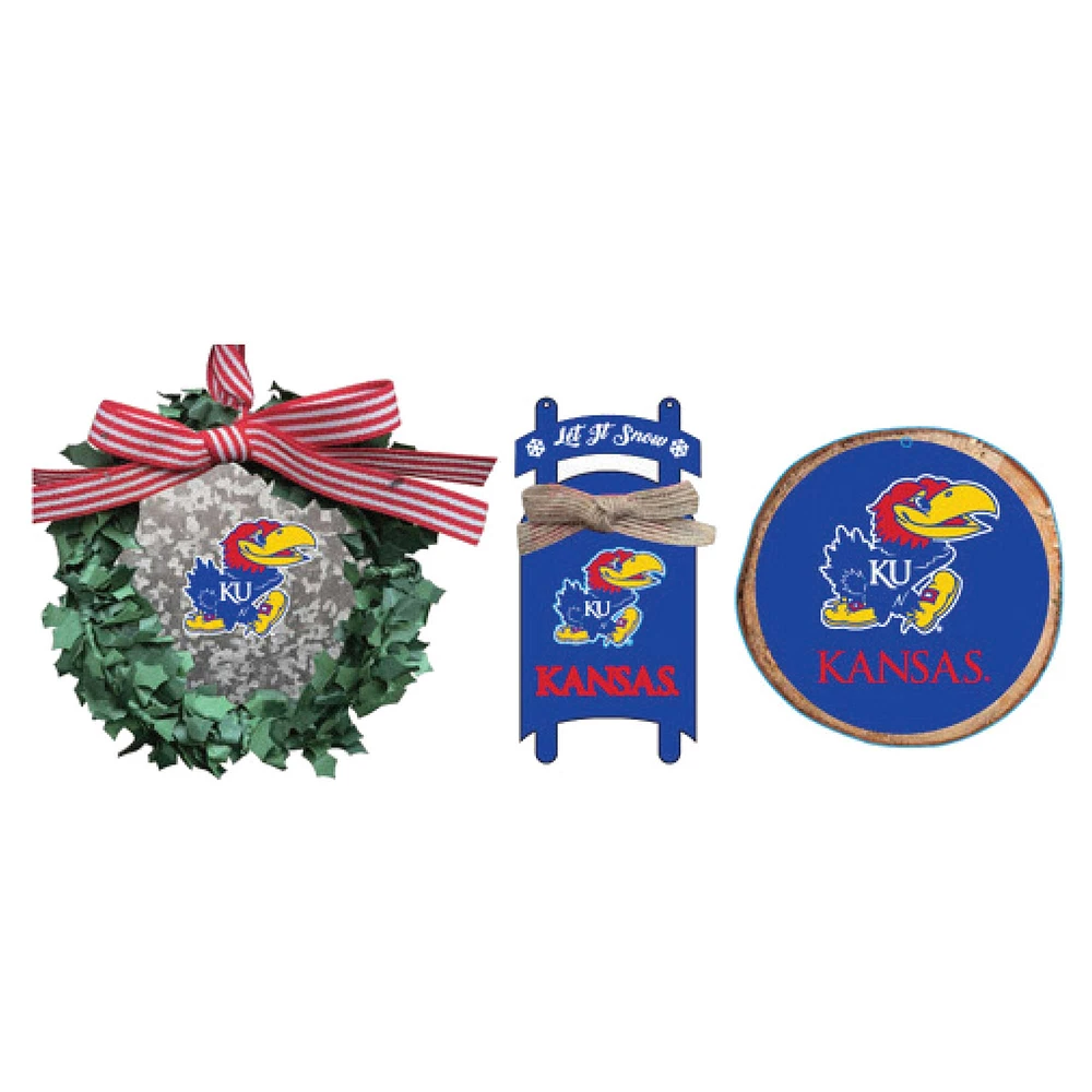 The Memory Company Kansas Jayhawks Three-Pack Wreath, Sled & Circle Ornament Set