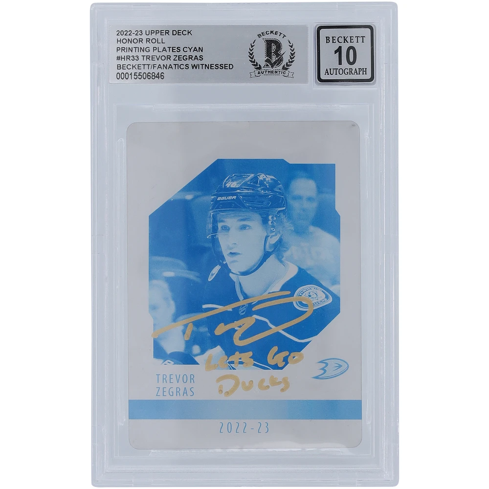 Trevor Zegras Anaheim Ducks Autographed 2021-22 Upper Deck Series 1 Printing Plate #HR-33 #1/1 Beckett Fanatics Witnessed Authenticated 10 Rookie Card with "Lets Go Ducks" Inscription