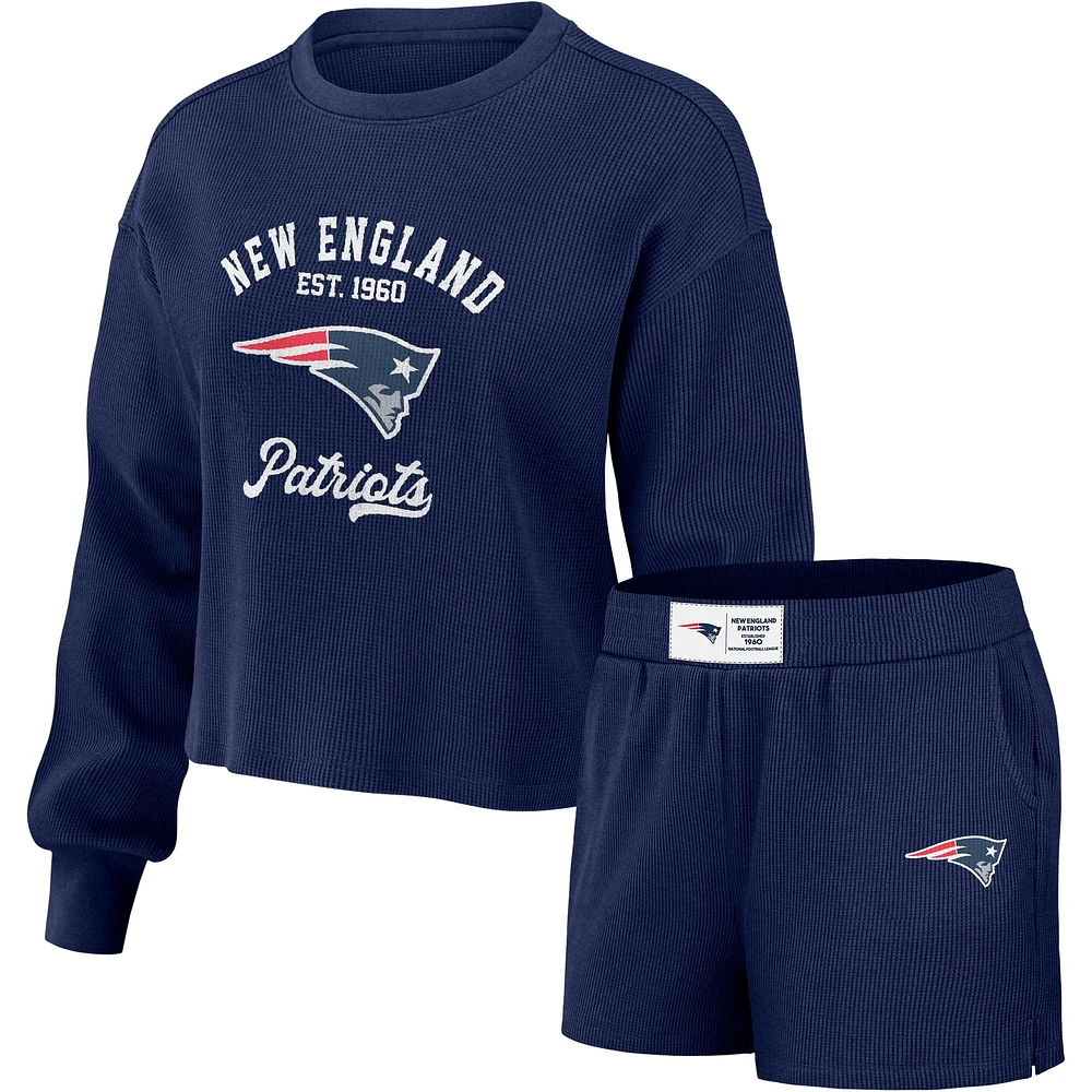 Women's WEAR by Erin Andrews Navy New England Patriots Waffle Knit Long Sleeve T-Shirt & Shorts Lounge Set