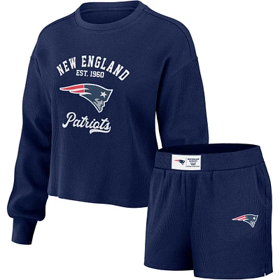 Women's WEAR by Erin Andrews Navy New England Patriots Waffle Knit Long Sleeve T-Shirt & Shorts Lounge Set