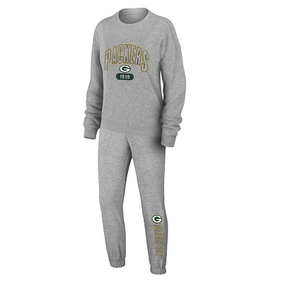Women's WEAR by Erin Andrews Heather Gray Green Bay Packers Plus Knitted Tri-Blend Long Sleeve T-Shirt & Pants Lounge Set