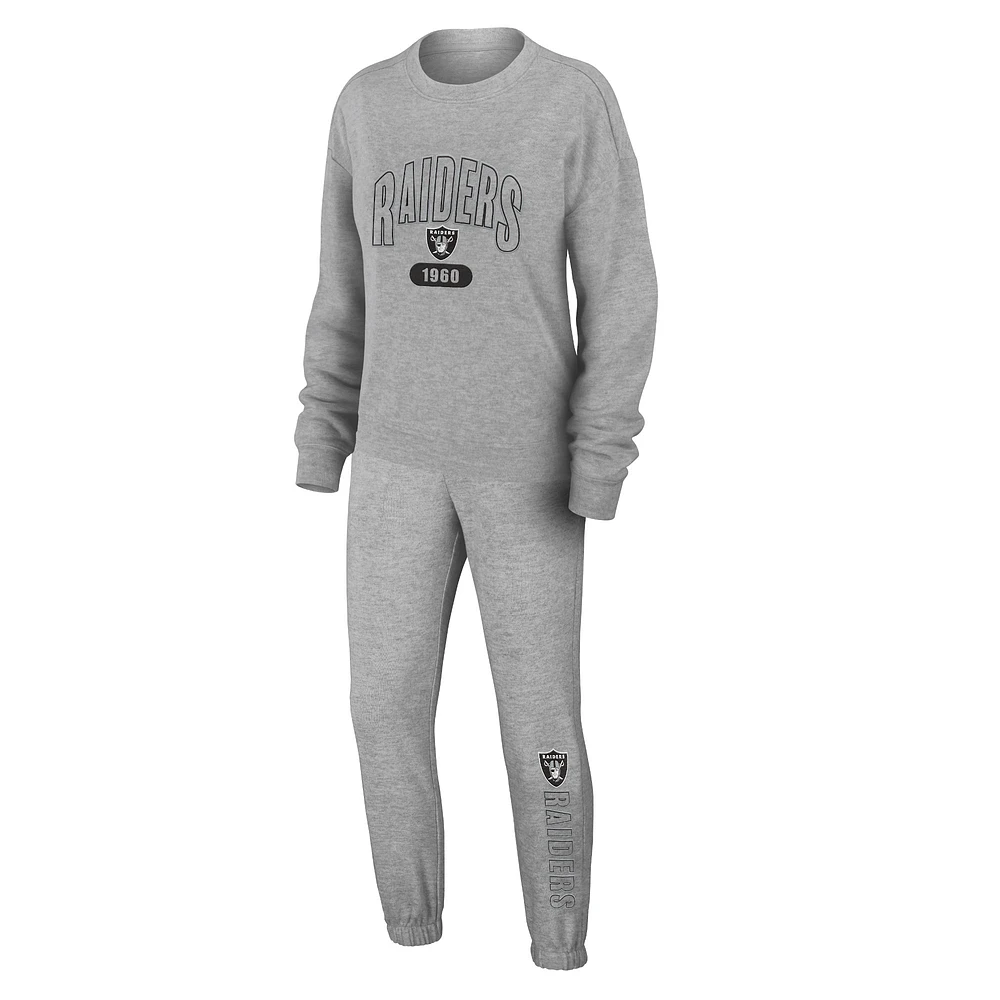 Women's WEAR by Erin Andrews Heather Gray Las Vegas Raiders Plus Knitted Tri-Blend Long Sleeve T-Shirt & Pants Lounge Set