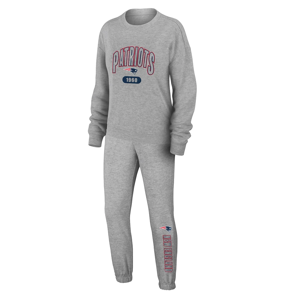 Women's WEAR by Erin Andrews Heather Gray New England Patriots Plus Knitted Tri-Blend Long Sleeve T-Shirt & Pants Lounge Set