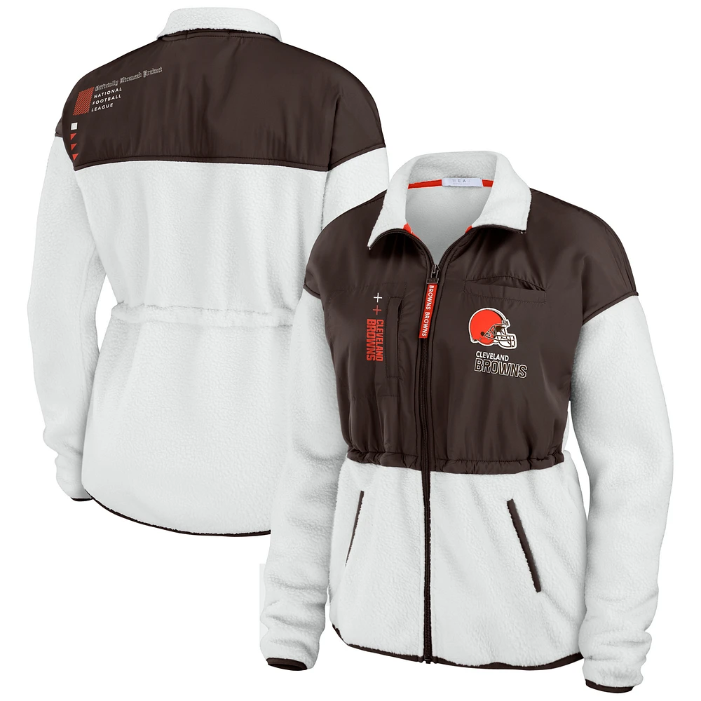 Women's WEAR by Erin Andrews White/Brown Cleveland Browns Color-Block Polar Fleece Full-Zip Jacket