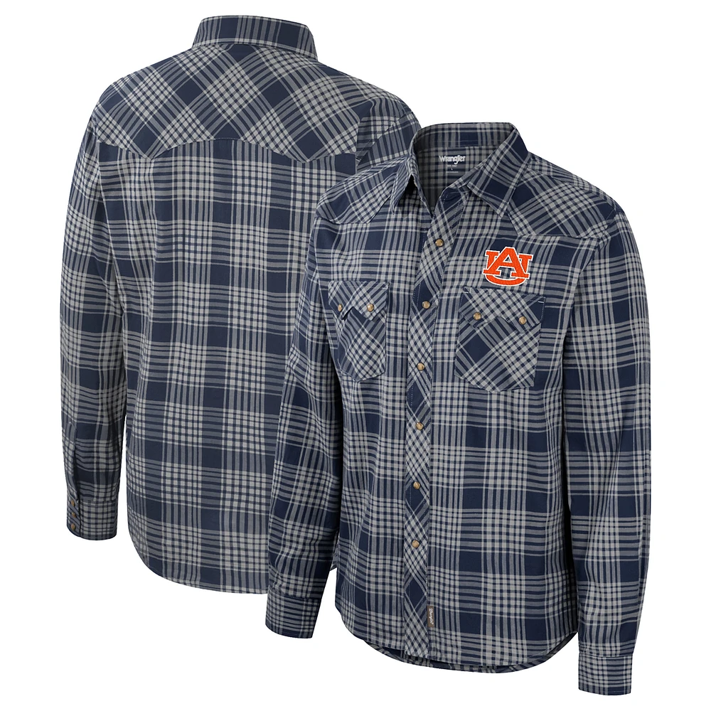 Men's Colosseum x Wrangler Navy Auburn Tigers Plaid Western Long Sleeve Full-Snap Shirt