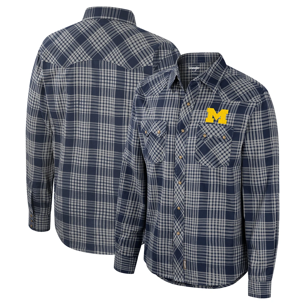 Men's Colosseum x Wrangler Navy Michigan Wolverines Plaid Western Long Sleeve Full-Snap Shirt