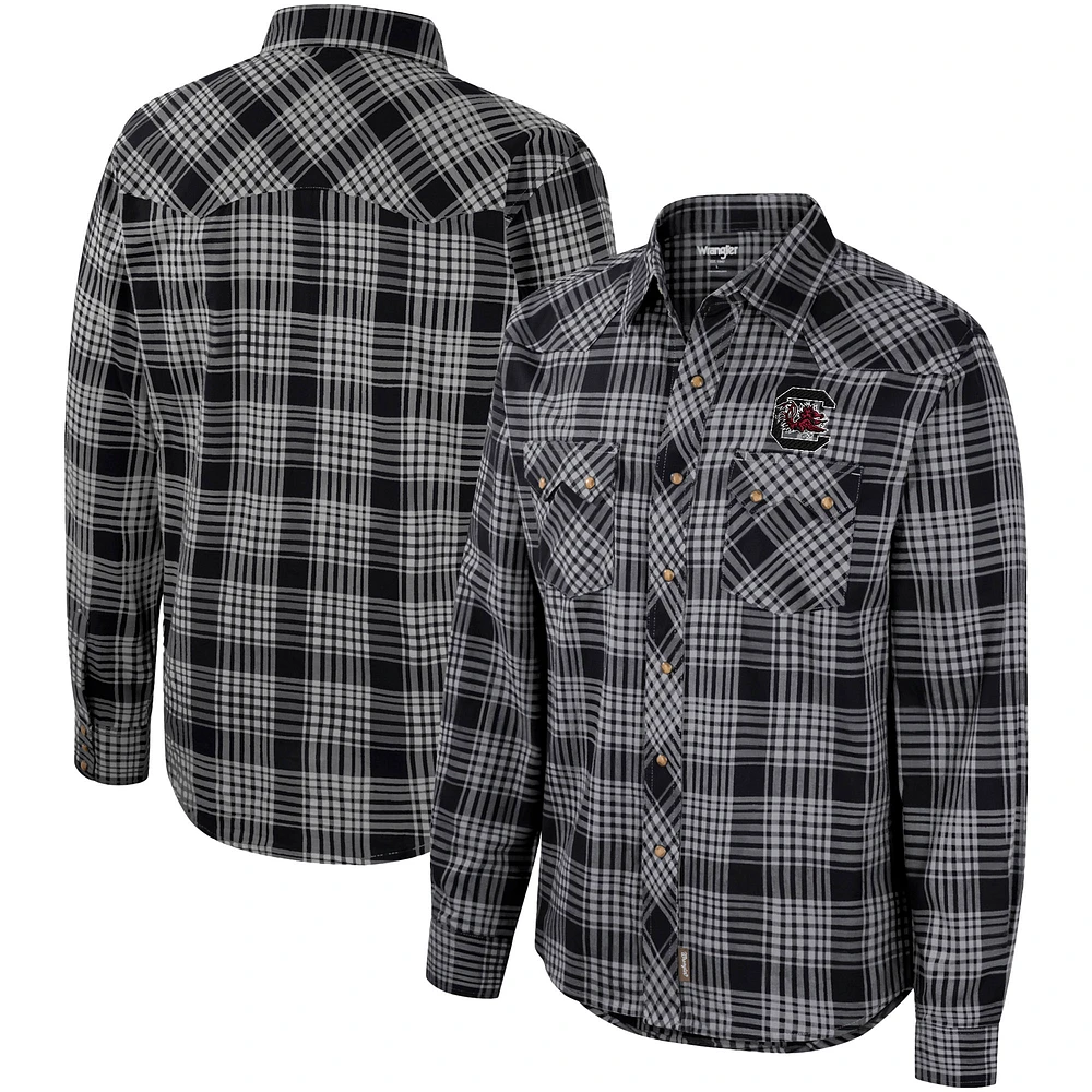 Men's Colosseum x Wrangler Black South Carolina Gamecocks Plaid Western Long Sleeve Full-Snap Shirt