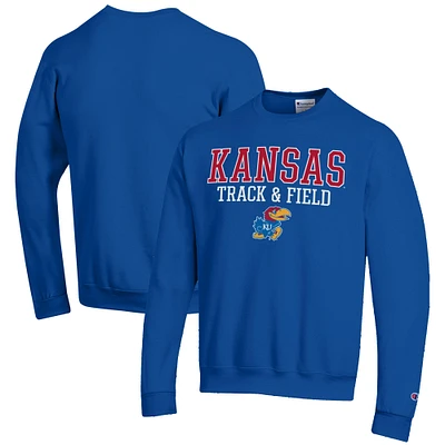Men's Champion Royal Kansas Jayhawks Track & Field Stack Powerblend Pullover Sweatshirt