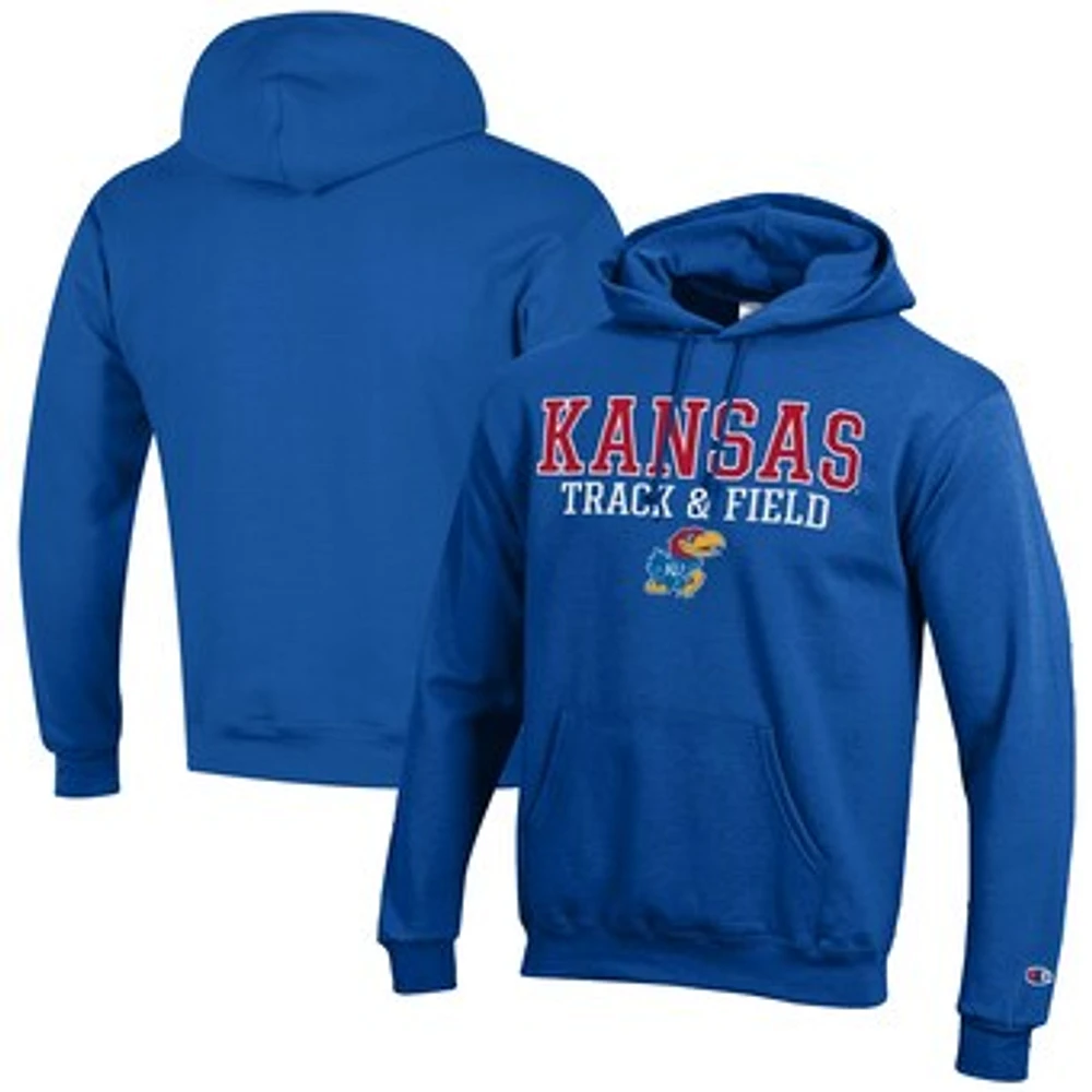 Men's Champion Royal Kansas Jayhawks Track & Field Stack Powerblend Pullover Hoodie