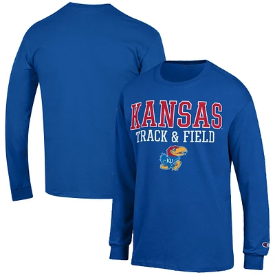 Men's Champion Royal Kansas Jayhawks Track & Field Stack Long Sleeve T-Shirt