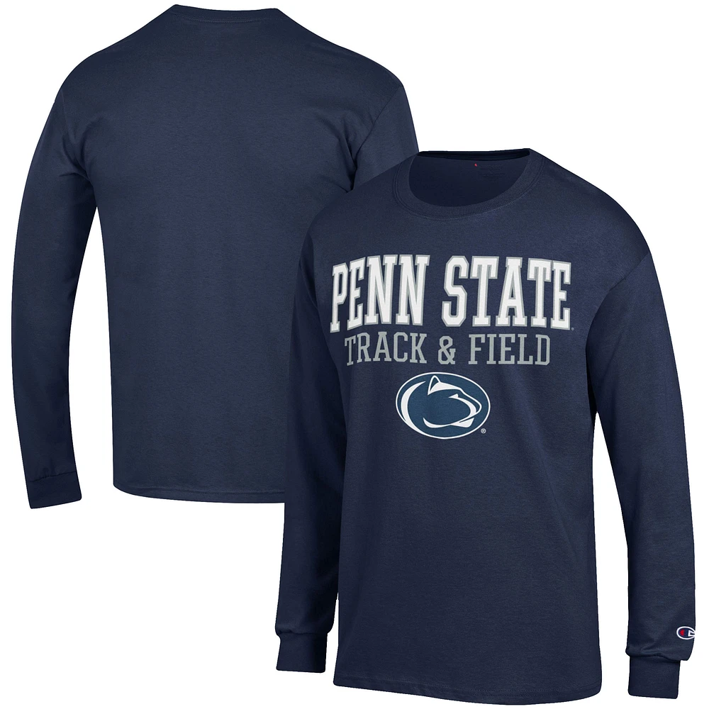 Men's Champion Navy Penn State Nittany Lions Track & Field Stack Long Sleeve T-Shirt