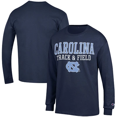 Men's Champion Navy North Carolina Tar Heels Track & Field Stack Long Sleeve T-Shirt