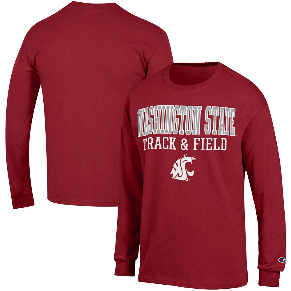 Men's Champion Crimson Washington State Cougars Track & Field Stack Long Sleeve T-Shirt