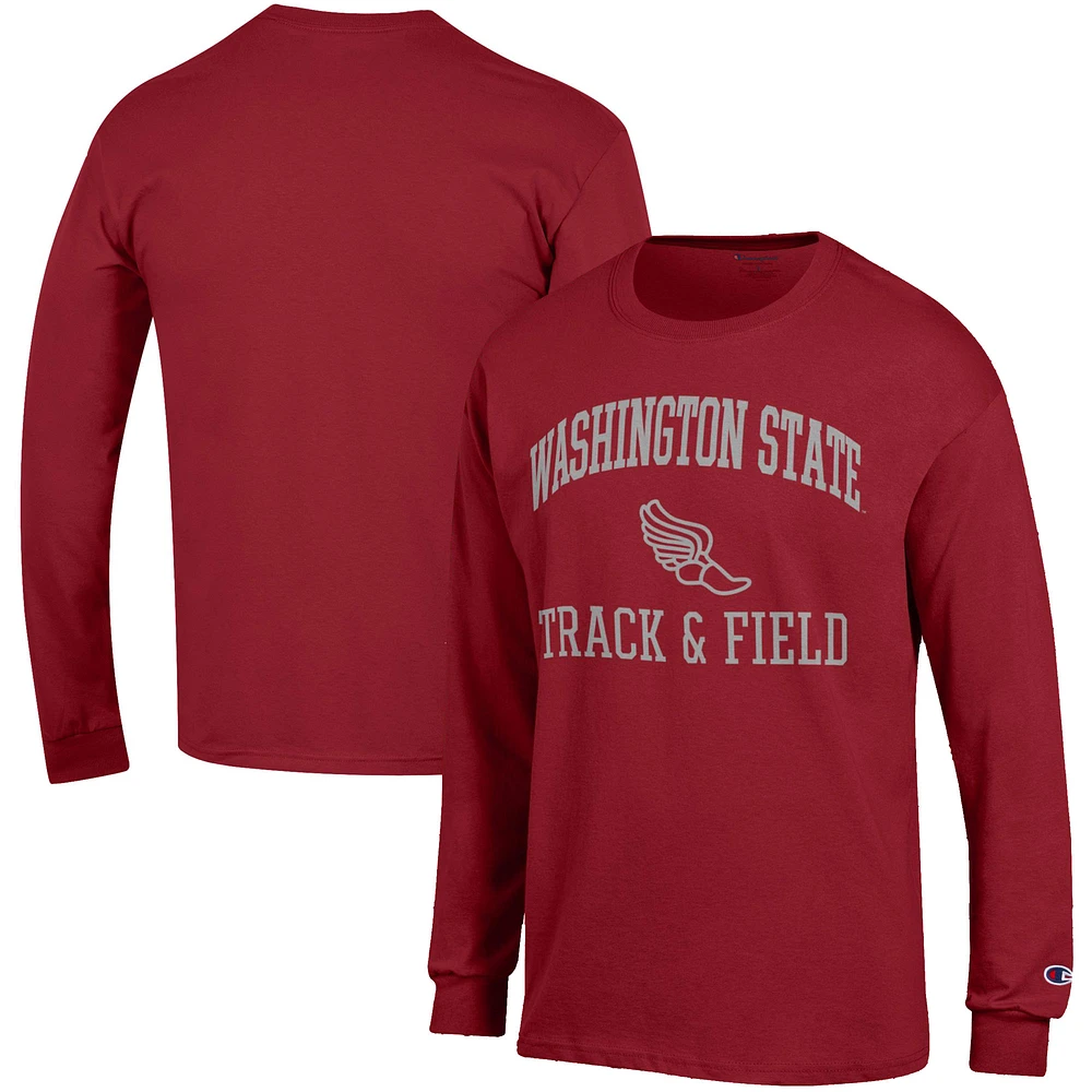Men's Champion Crimson Washington State Cougars Track & Field Icon Long Sleeve T-Shirt