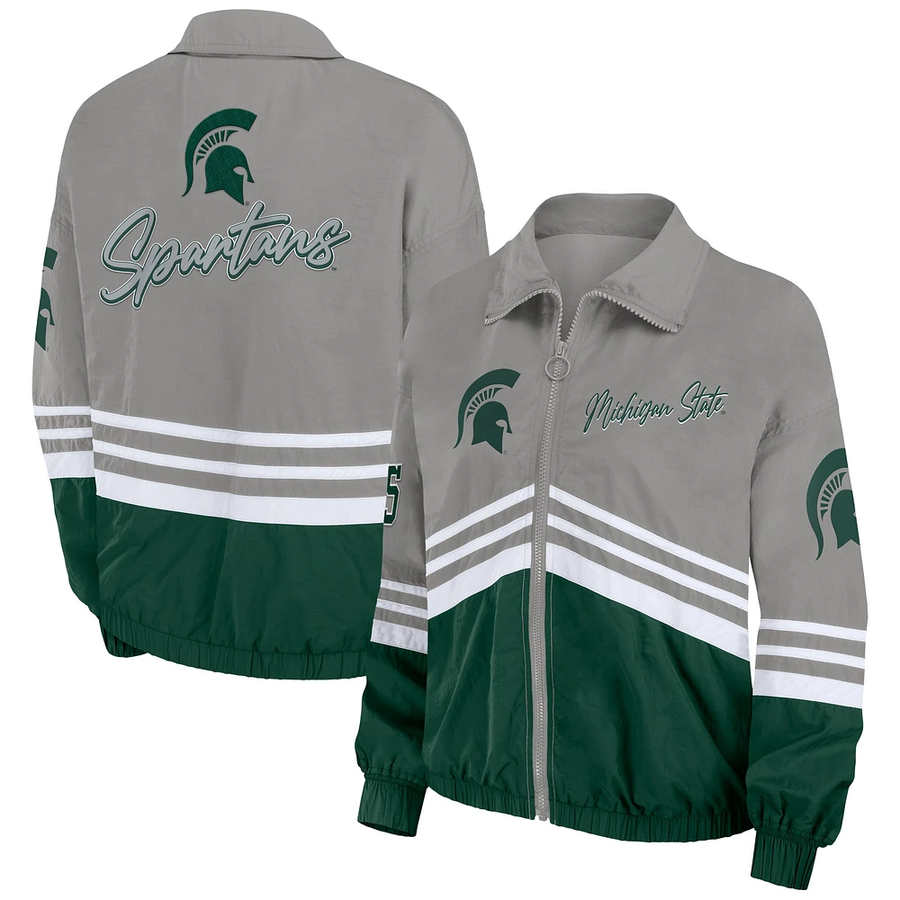 Women's WEAR by Erin Andrews Gray Michigan State Spartans Vintage Throwback Windbreaker Full-Zip Jacket
