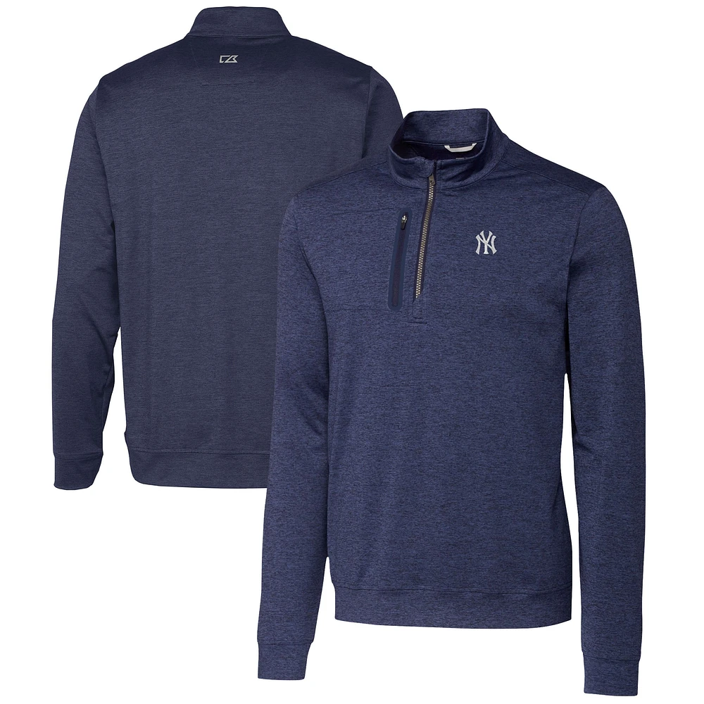 Men's Cutter & Buck Navy New York Yankees Stealth Heathered Quarter-Zip Pullover Top