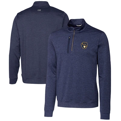 Men's Cutter & Buck Navy Milwaukee Brewers Stealth Heathered Quarter-Zip Pullover Top