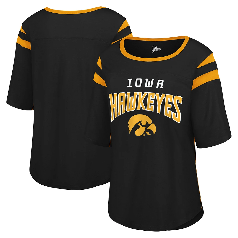 Women's G-III 4Her by Carl Banks Black Iowa Hawkeyes Plus Linebacker Half-Sleeve T-Shirt