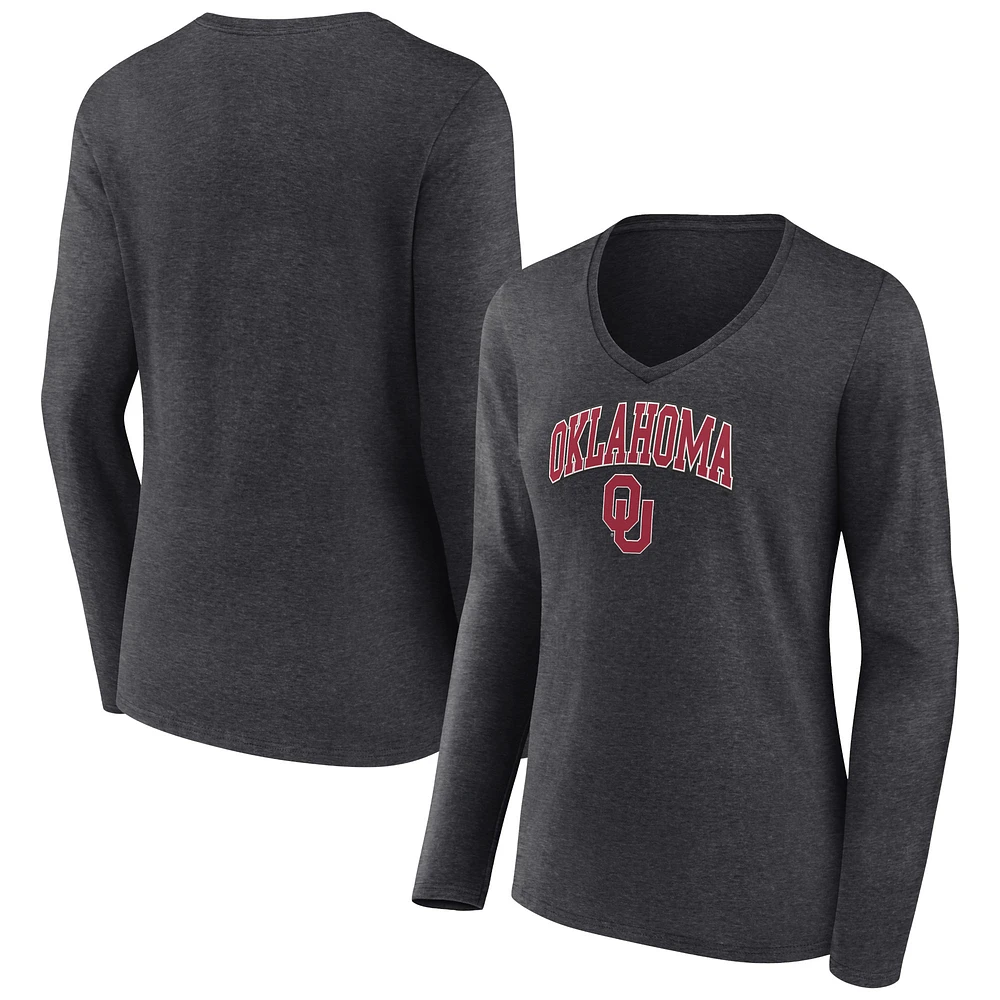 Women's Fanatics Heather Charcoal Oklahoma Sooners Campus Long Sleeve V-Neck T-Shirt