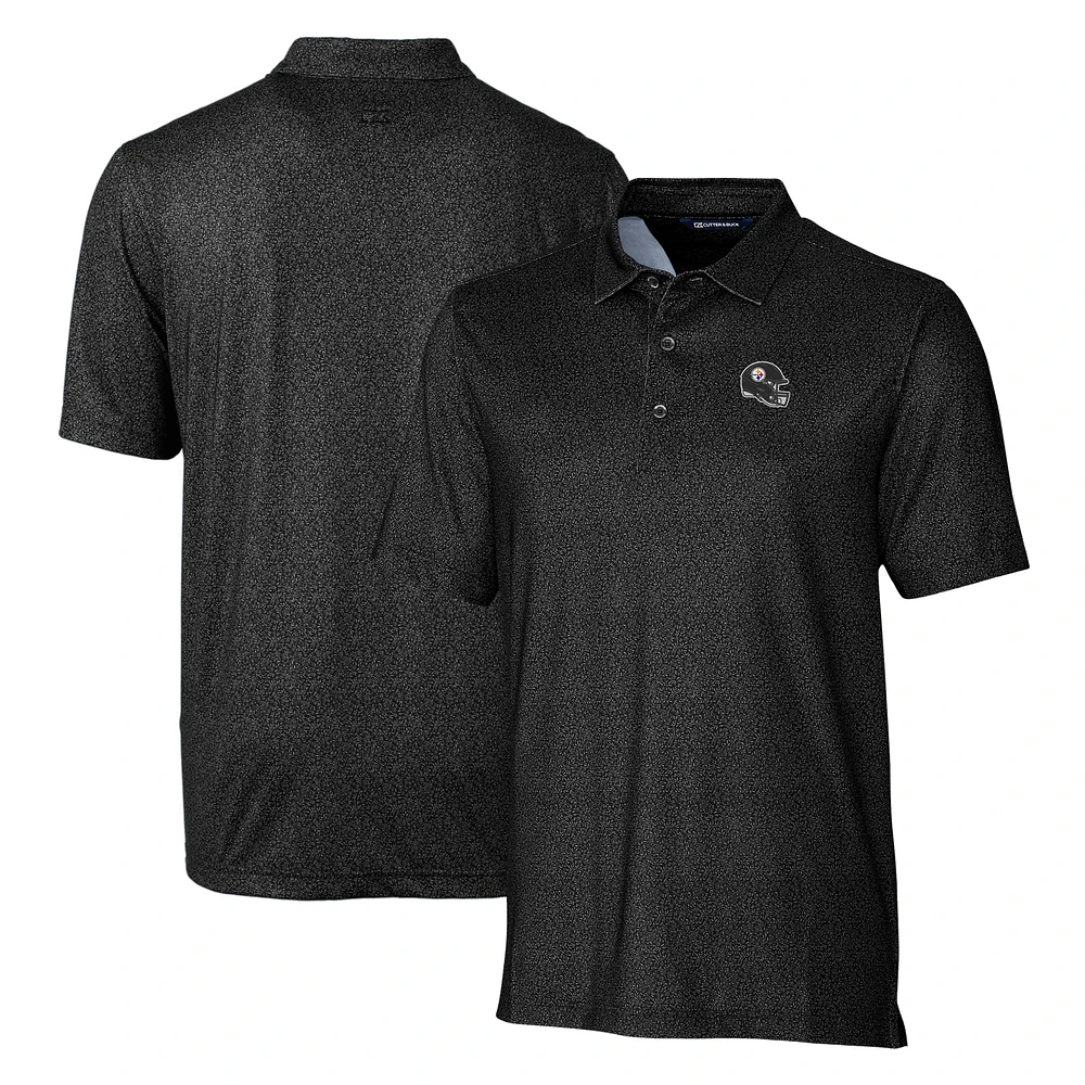 Men's Cutter & Buck Black Pittsburgh Steelers Helmet Micro Floral Print Stretch Polo