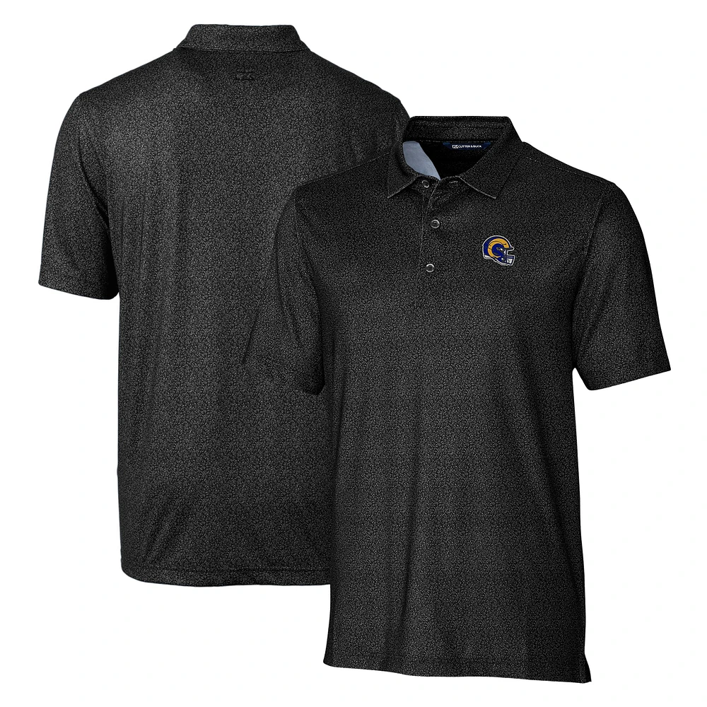 Men's Cutter & Buck Black Los Angeles Rams Helmet Micro Floral Print Stretch Polo