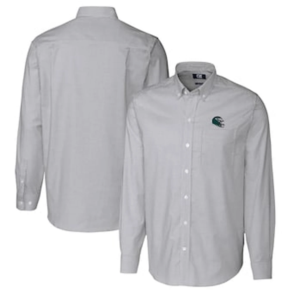 Men's Cutter & Buck Charcoal Philadelphia Eagles Helmet Stretch Oxford Stripe Long Sleeve Button-Down Shirt