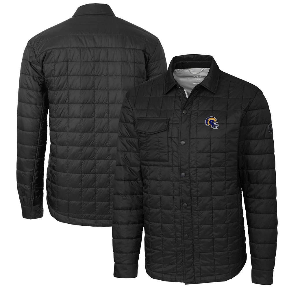 Men's Cutter & Buck Black Los Angeles Rams Helmet Rainier PrimaLoft Eco Insulated Quilted Button-Up Shacket