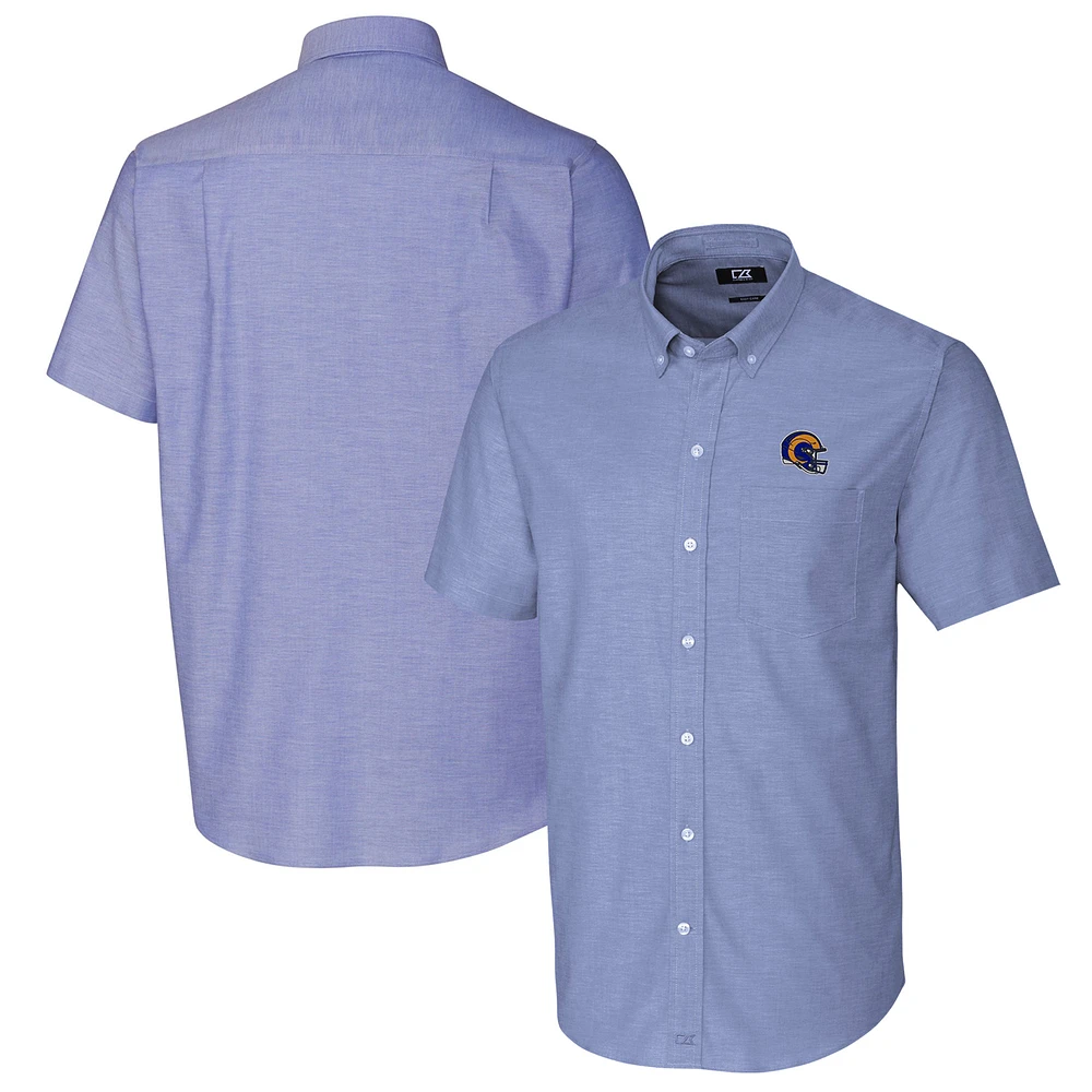 Men's Cutter & Buck Royal Los Angeles Rams Helmet Short Sleeve Stretch Oxford Button-Down Shirt