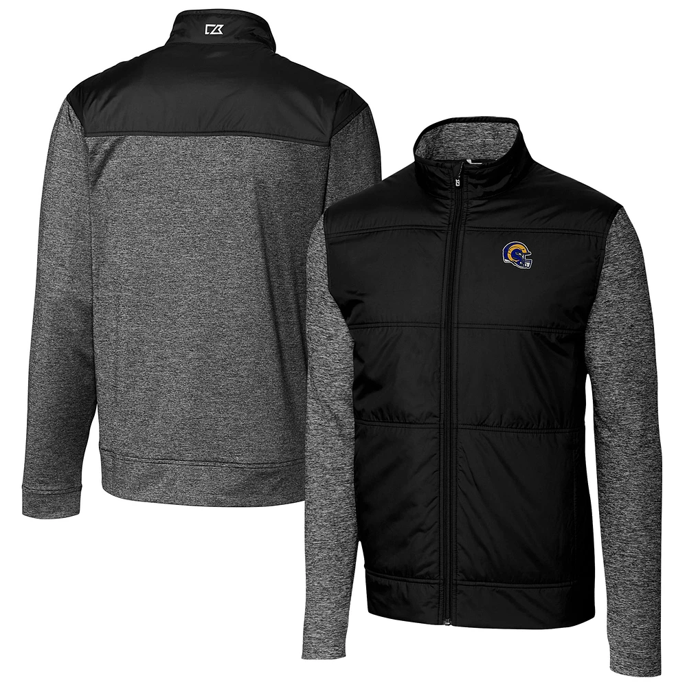 Men's Cutter & Buck Black Los Angeles Rams Helmet Stealth Hybrid Quilted Full-Zip Windbreaker Jacket