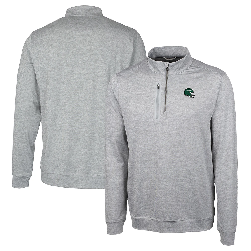 Men's Cutter & Buck Silver New York Jets Helmet Stealth Heathered Quarter-Zip Pullover Top