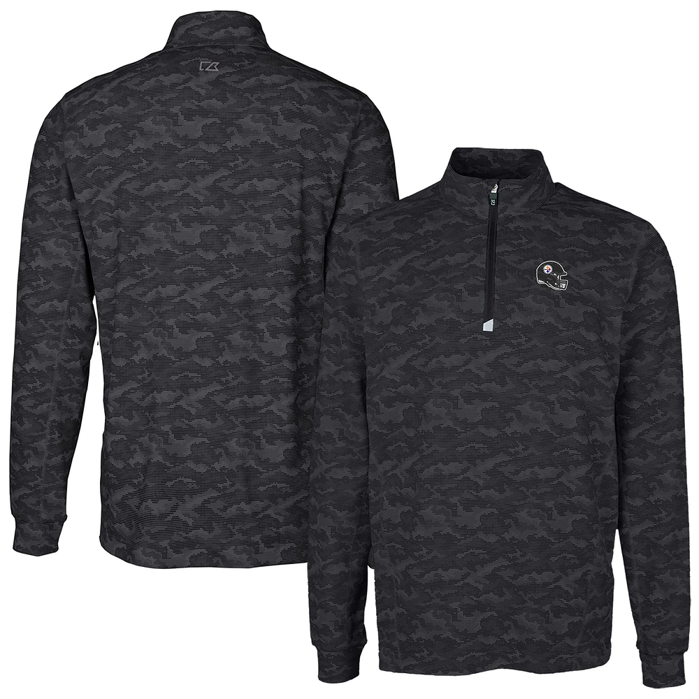 Men's Cutter & Buck Black Pittsburgh Steelers Helmet Traverse Camo Print Stretch Quarter-Zip Pullover Top