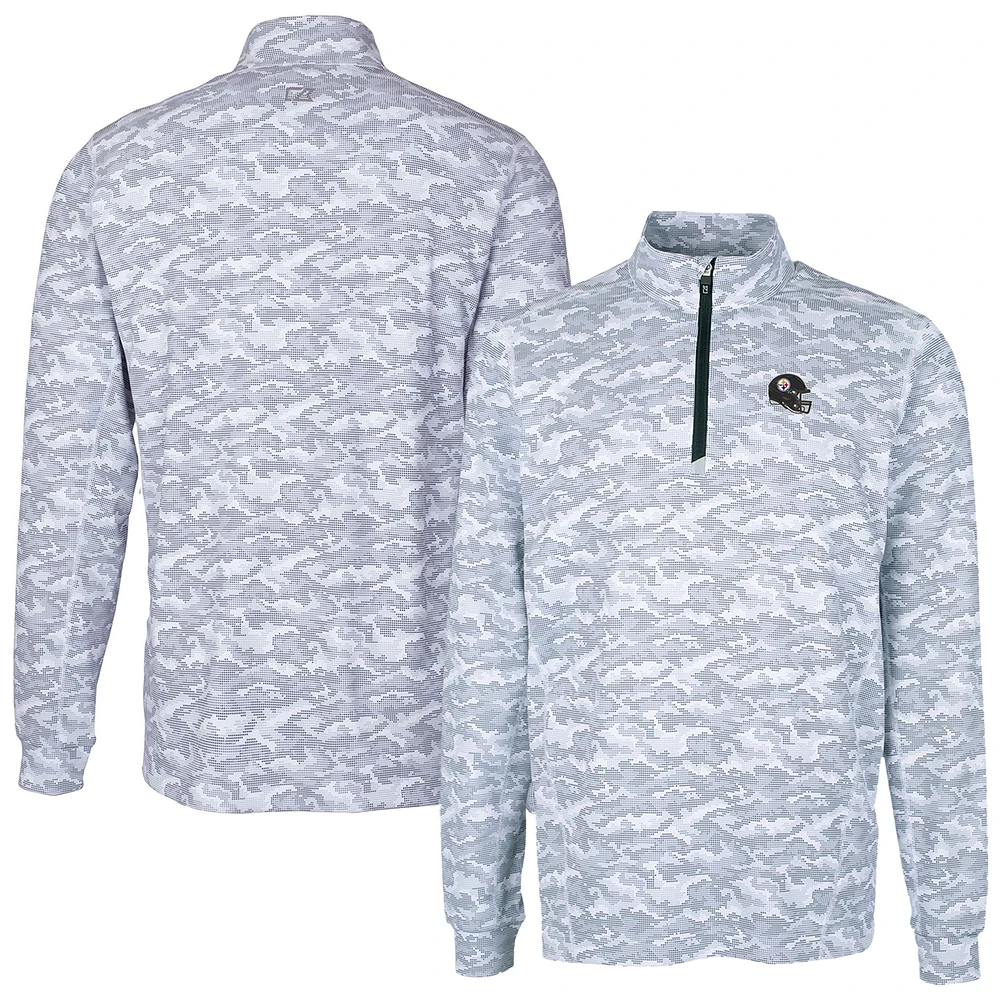 Men's Cutter & Buck Charcoal Pittsburgh Steelers Helmet Traverse Camo Print Stretch Quarter-Zip Pullover Top