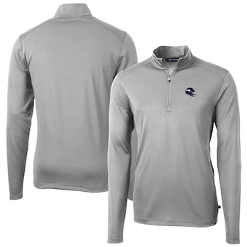 Men's Cutter & Buck Silver Minnesota Vikings Helmet Virtue Eco Pique Recycled Quarter-Zip Pullover Top
