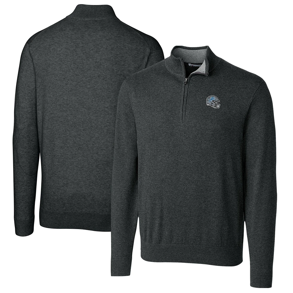 Men's Cutter & Buck Charcoal Detroit Lions Helmet Lakemont Tri-Blend Quarter-Zip Pullover Sweater