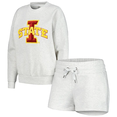Women's Gameday Couture Ash Iowa State Cyclones Team Effort Pullover Sweatshirt & Shorts Sleep Set