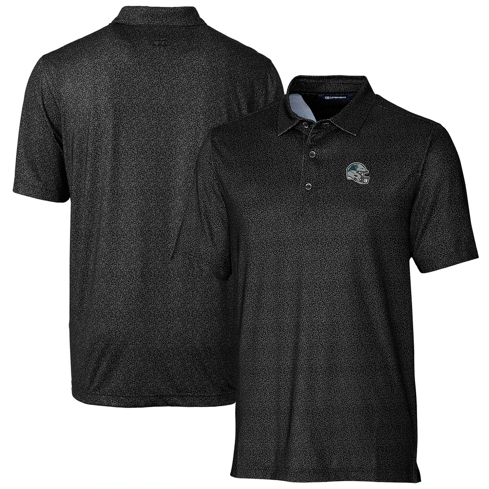 Men's Cutter & Buck Black Carolina Panthers Helmet Micro Floral Print Stretch Polo