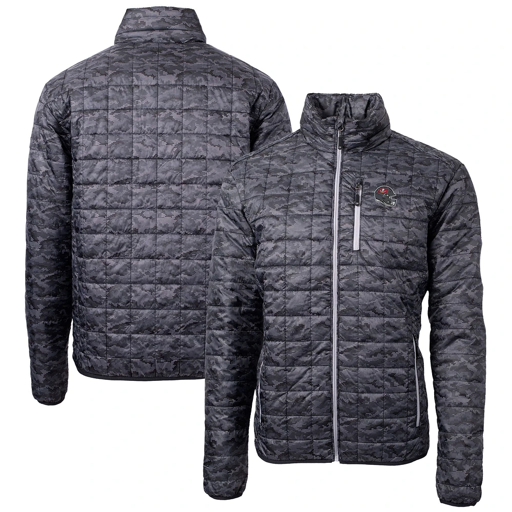 Men's Cutter & Buck Black Tampa Bay Buccaneers Helmet Rainier PrimaLoft Eco Insulated Printed Full-Zip Puffer Jacket