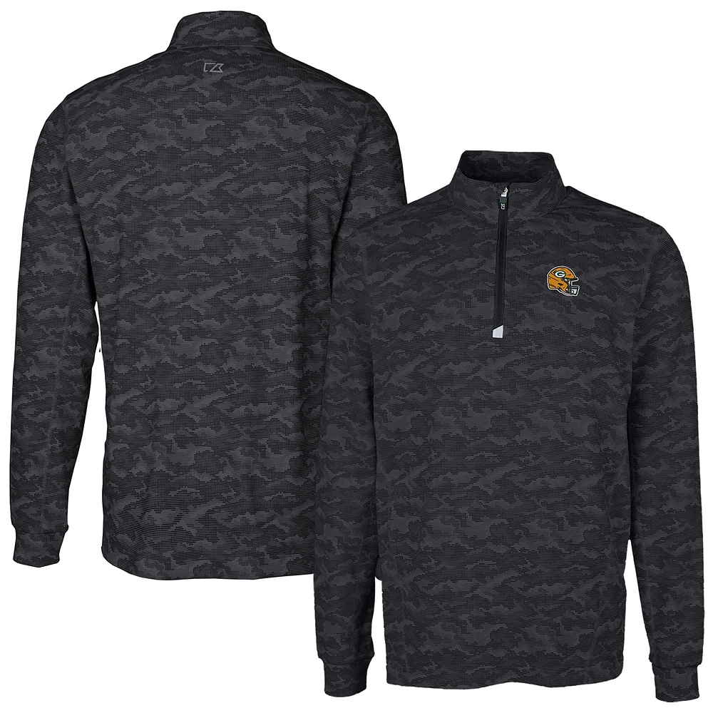 Men's Cutter & Buck Black Green Bay Packers Helmet Traverse Camo Print Stretch Quarter-Zip Pullover Top
