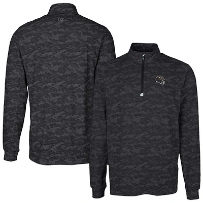 Men's Cutter & Buck Black Baltimore Ravens Helmet Traverse Camo Print Stretch Quarter-Zip Pullover Top