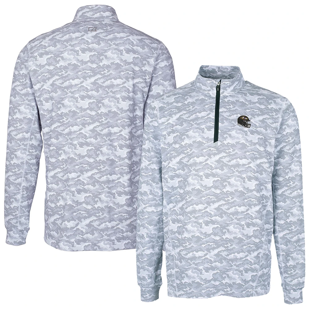 Men's Cutter & Buck Charcoal Baltimore Ravens Helmet Traverse Camo Print Stretch Quarter-Zip Pullover Top