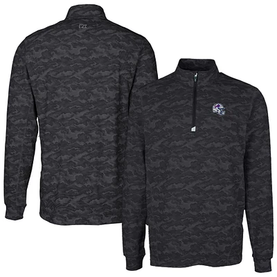 Men's Cutter & Buck Black Buffalo Bills Helmet Traverse Camo Print Stretch Quarter-Zip Pullover Top
