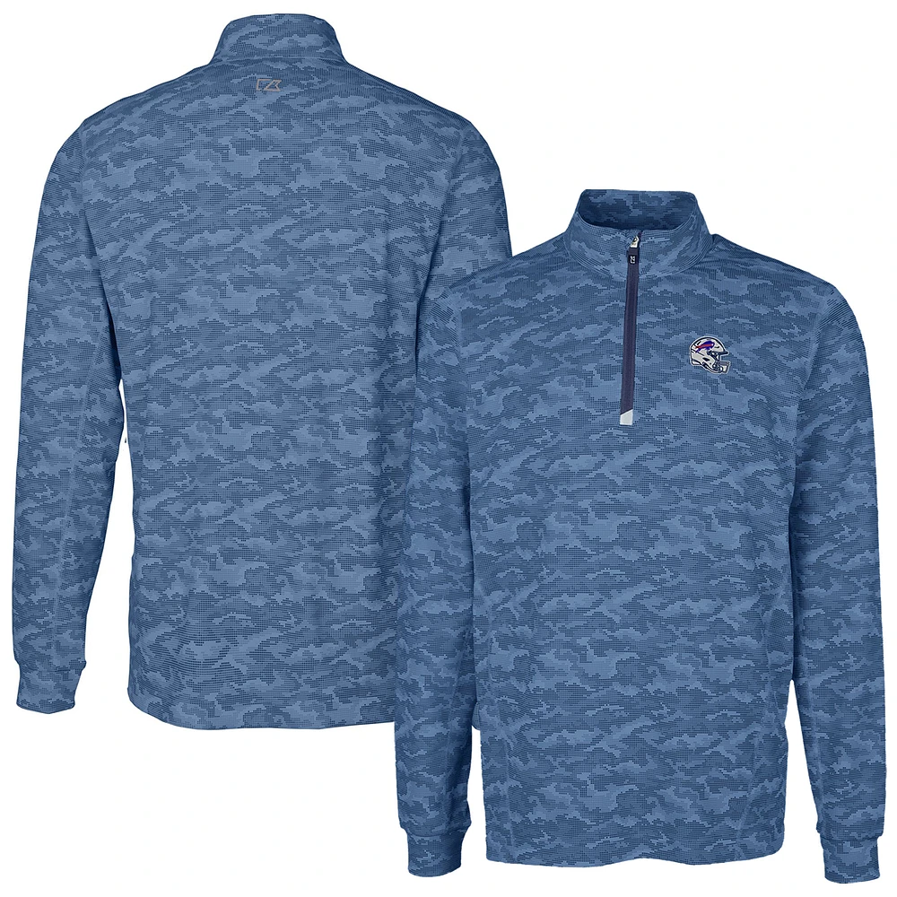 Men's Cutter & Buck Navy Buffalo Bills Helmet Traverse Camo Print Stretch Quarter-Zip Pullover Top