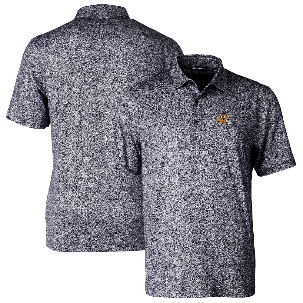 Men's Cutter & Buck Black Green Bay Packers Helmet Pike Constellation Print Stretch Polo