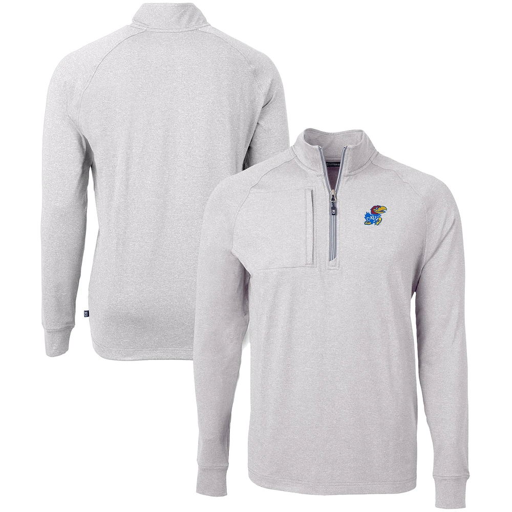 Men's Cutter & Buck Heather Kansas Jayhawks Big Tall Adapt Eco Knit Quarter-Zip Pullover Top
