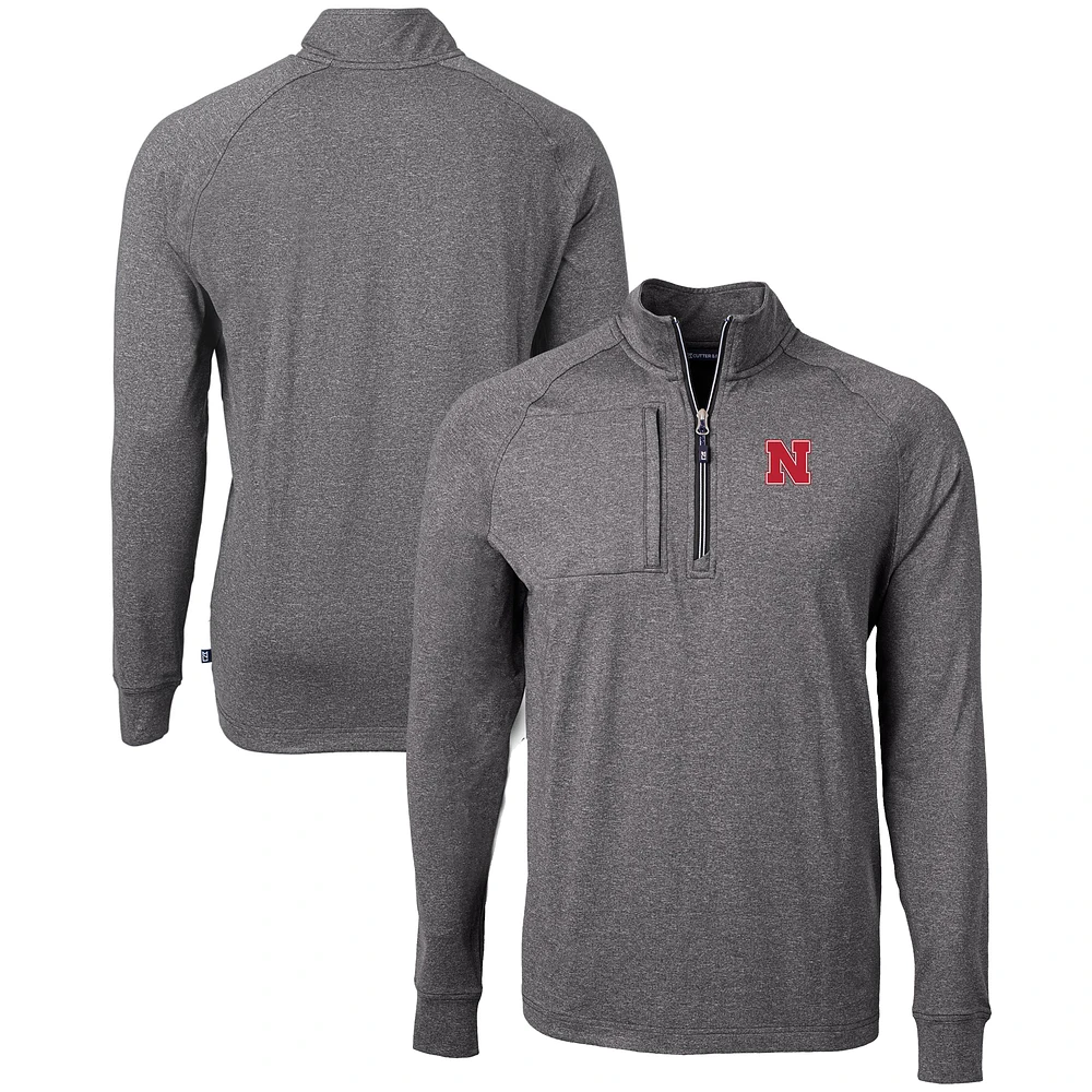 Men's Cutter & Buck Heather Black Nebraska Huskers Big Tall Adapt Eco Knit Quarter-Zip Pullover Top