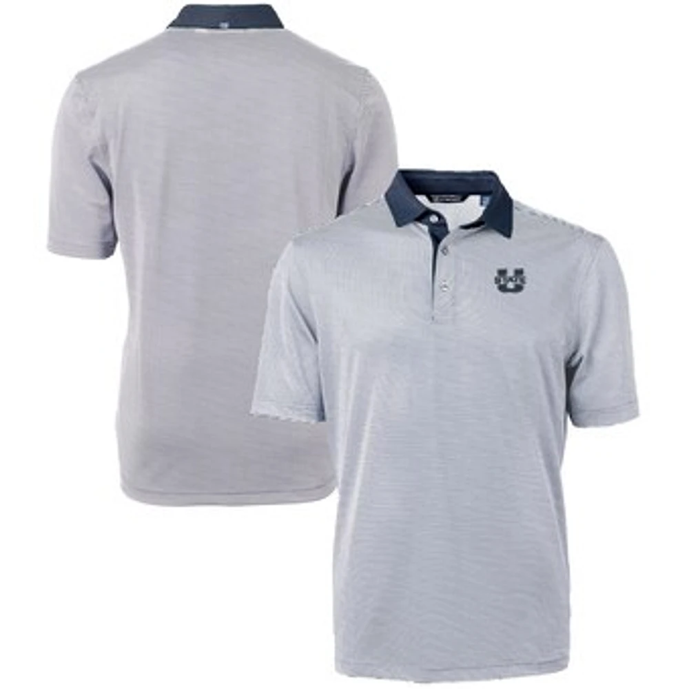 Men's Cutter & Buck Navy/White Utah State Aggies Big Tall Virtue Eco Pique Micro Stripe Recycled Polo