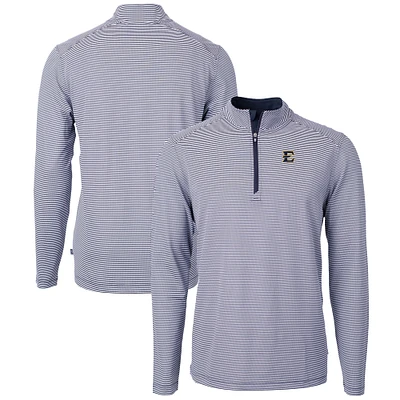 Men's Cutter & Buck Navy/White ETSU Buccaneers Big Tall Virtue Eco Pique Micro Stripe Recycled Quarter-Zip Pullover Top