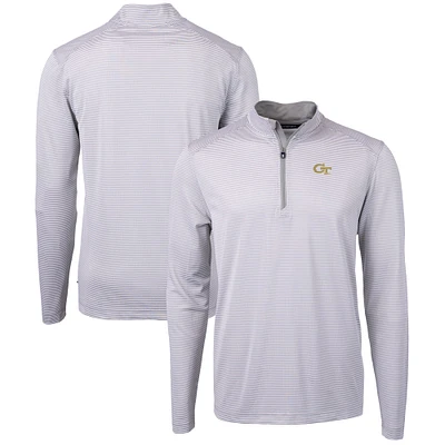 Men's Cutter & Buck Gray/White Georgia Tech Yellow Jackets Big Tall Virtue Eco Pique Micro Stripe Recycled Quarter-Zip Pullover Top