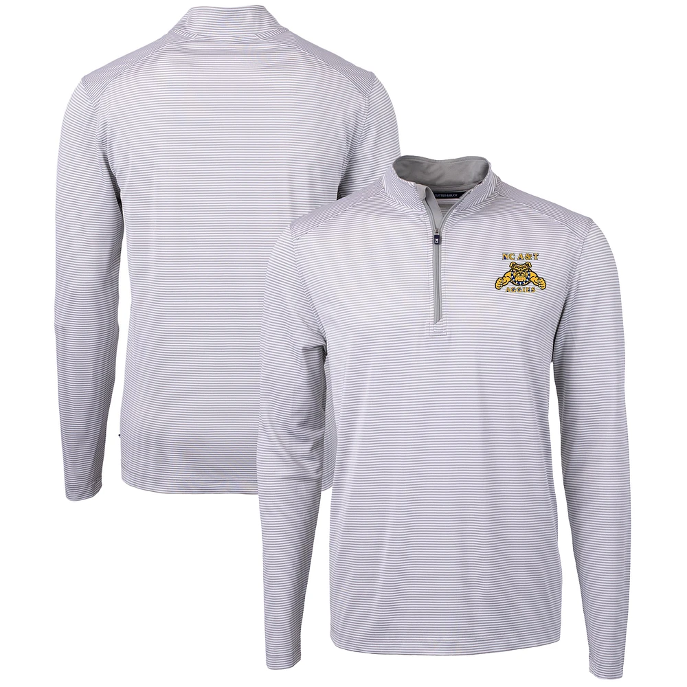 Men's Cutter & Buck Gray/White North Carolina A&T Aggies Big & Tall Virtue Eco Pique Micro Stripe Recycled Quarter-Zip Pullover Top