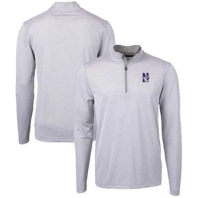 Men's Cutter & Buck Gray/White Northwestern Wildcats Big Tall Virtue Eco Pique Micro Stripe Recycled Quarter-Zip Pullover Top